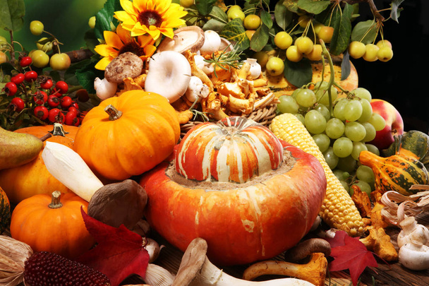 Autumn nature concept. Fall fruit and vegetables on wood. Thanksgiving dinner. Corn and pumpkin with sunflowers and plums - Photo, Image