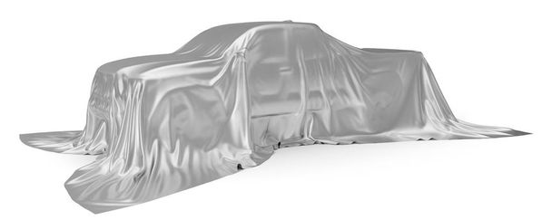 Zilveren zijde bedekt pick-up truck concept. 3D illustratie - Foto, afbeelding