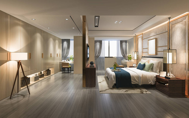 3d renderizado de lujo moderno dormitorio suite tv con armario y walk in closet - Foto, imagen