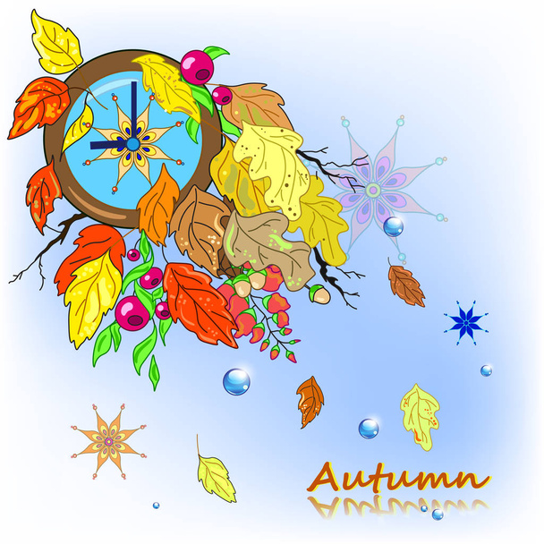 Vector illustration of autumn composition with clock abd faling leaves - Вектор, зображення