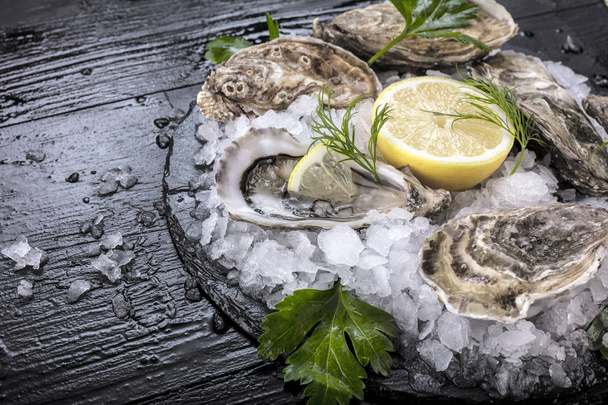 Fresh raw oysters and lemon - Fotoğraf, Görsel