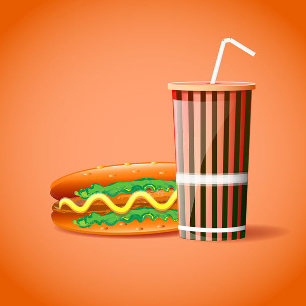 Plastic container with straw and hotdog - Vector, Image