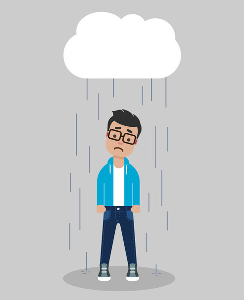 Грустный молодой человек под дождем
 - Вектор,изображение