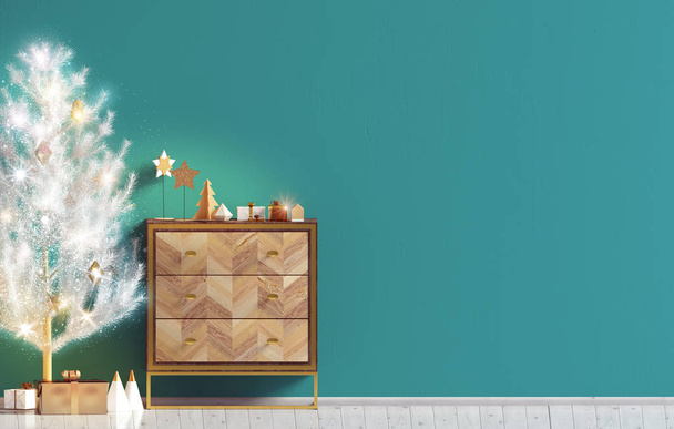 Современный рождественский интерьер с комодом и елкой в скандинавском стиле. Стена макетирует. 3D иллюстрация
 - Фото, изображение