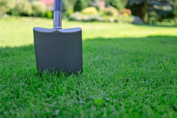Garden shovel stuck in green grass in close-up (copy space) - 写真・画像
