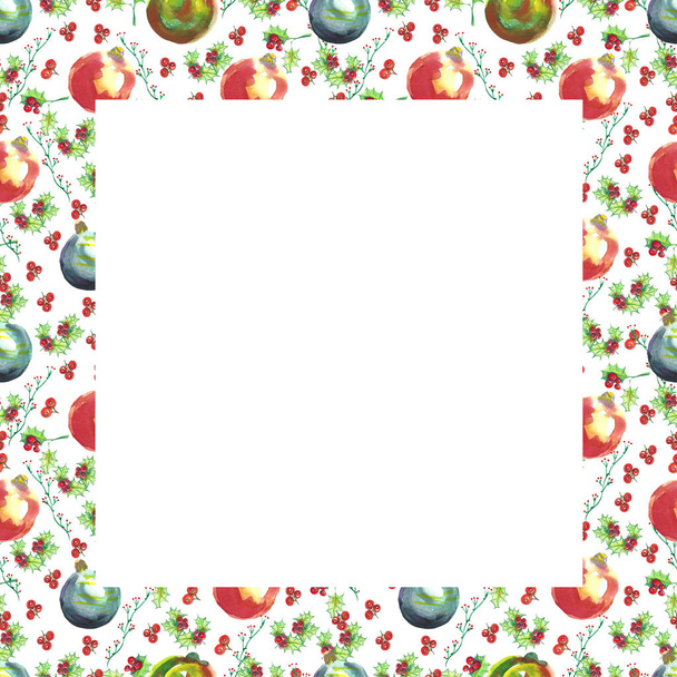 Watercolor Christmas  square frame with holly, mistletoe, poincettia. - 写真・画像
