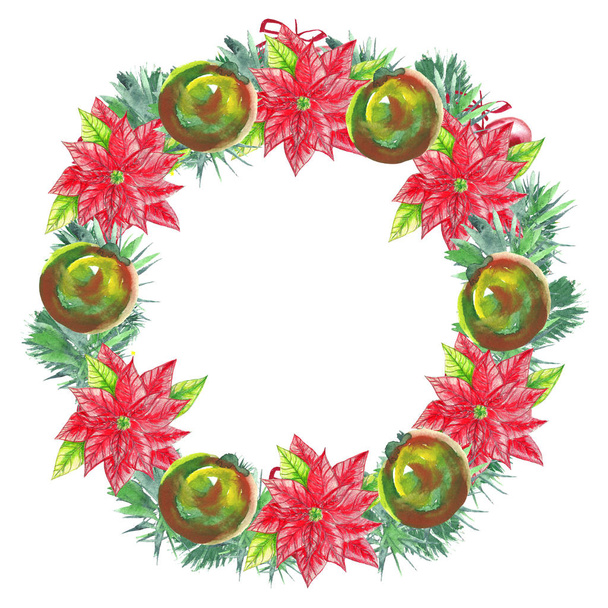 Watercolor Christmas wreath on  white background . Hand drawn hand painted illustration. Christmas decor, branches of spruce, mistletoe, poinsettia, stars, holly. - Φωτογραφία, εικόνα