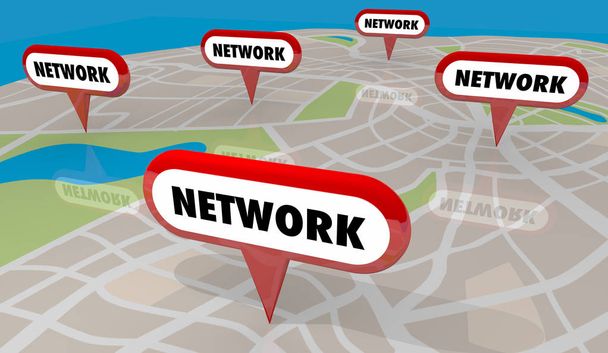 Netzwerkverbindungen Meetups Meetings Map Pins 3D Illustration - Foto, Bild