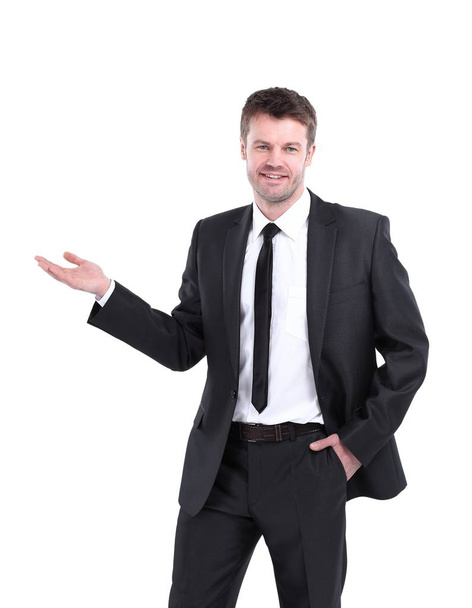smiling businessman pointing copy space. - 写真・画像