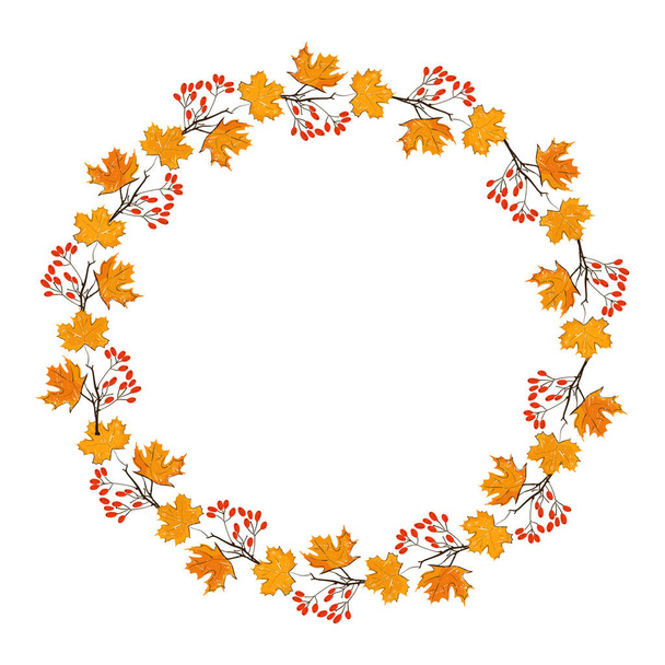 秋のシーズン フレーム、カボチャ、カエデの葉と赤い果実、ドライ ブランチ。カードや季節の装飾の秋の装飾要素です。白い背景に分離 - ベクター画像