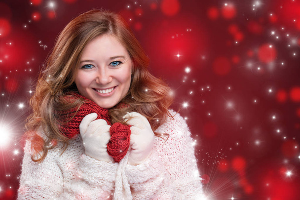 portrait of a sweet girl with a red scarf Christmas, close-up - Fotografie, Obrázek