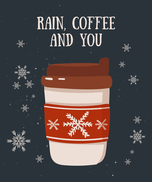 Векторная открытка с горячим напитком и уютным слоганом в плоском дизайне. Горячий шоколад, кофе, какао. Осенние и зимние каникулы
 - Вектор,изображение