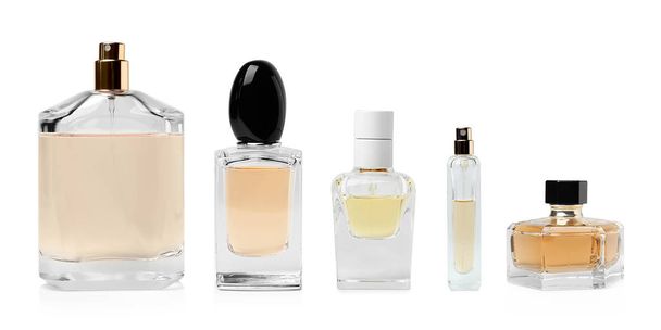 Set with different blank perfume bottles on white background - Valokuva, kuva