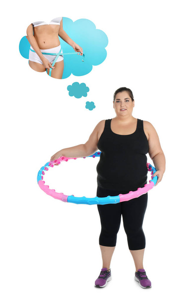 Overweight woman with hula hoop dreaming about perfect body on white background - Photo, Image
