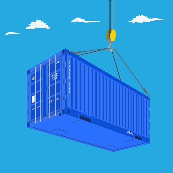 Port crane lifts blue container. Perspective view from bottom. Logistics concept vector illustration. - Vector, Image