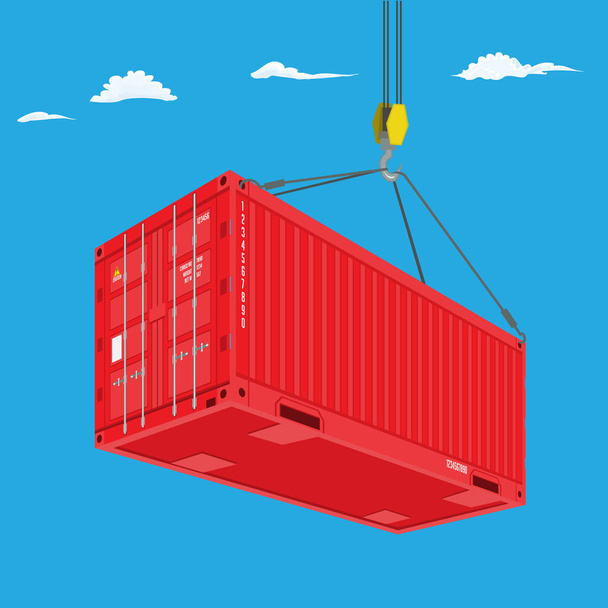 Port crane lifts red container. Perspective view from bottom. Logistics concept vector illustration. - Vector, Image