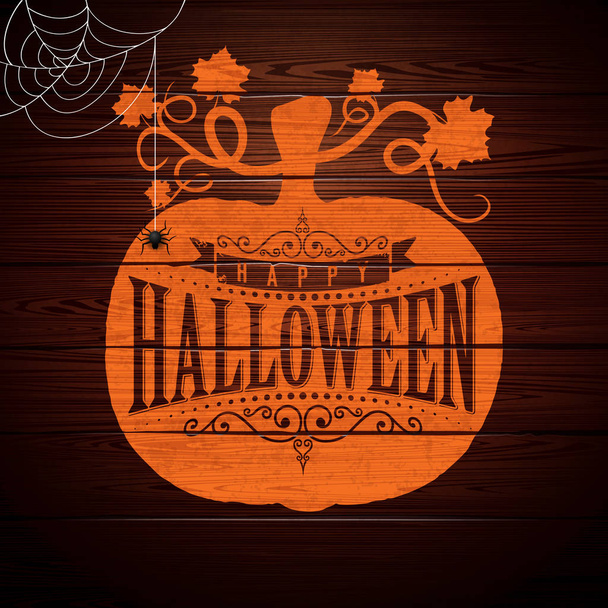 Happy Halloween vector illustration with typography lettering in pumpkin on vintage wood background. Holiday design for greeting card, banner, celebration poster, party invitation. - Вектор, зображення