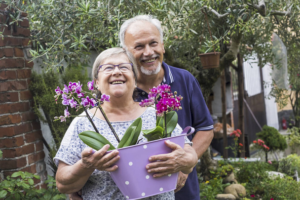 senior couple standing together with orchid flowers outdoor  - Foto, imagen