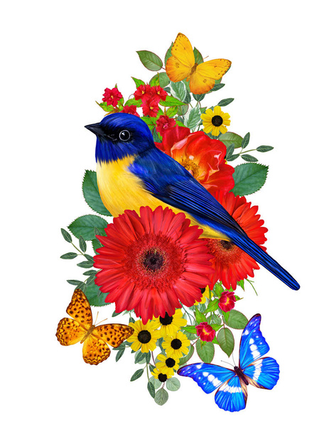 Tit bird sits on a branch of bright red gerberas flowers, yellow roses, green leaves, beautiful butterflies. Isolated on white background. Flower composition. - Φωτογραφία, εικόνα