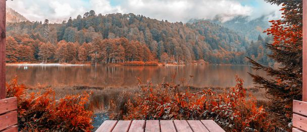 Morbida vista del paesaggio autunnale di Karagol (lago nero) una destinazione popolare per turisti, locali, camper e viaggiatori nel Mar Nero orientale, Savsat, Artvin, Turchia
. - Foto, immagini
