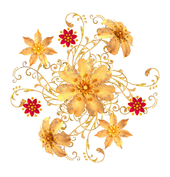3d rendering. Golden stylized flowers, delicate shiny curls, paisley element. Decorative corner, pattern. Isolated on white background. - Photo, Image