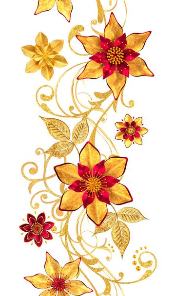 3d rendering. Seamless pattern. Golden textured curls. Oriental style arabesques, stylized flowers, delicate shiny swirl, paisley element, shining background. - Photo, Image