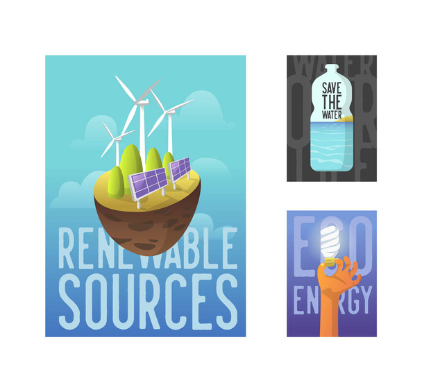持続可能なエネルギー源、グリーン テクノロジー、環境の概念。太陽電池、風力エネルギー。生態バナー、ポスター、チラシ。ベクトル図 - ベクター画像