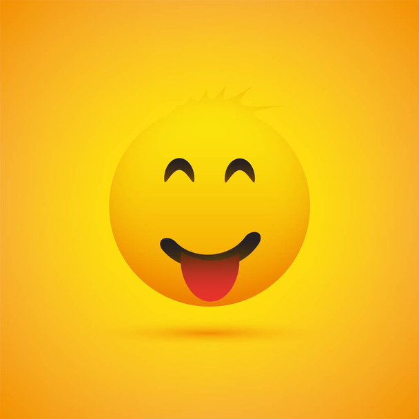 Smiling Emoji with Stuck Out Tongue - Simple Shiny Happy Emoticon on Yellow Background  - Vecteur, image
