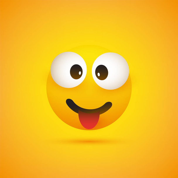 Smiling Emoji with Stuck Out Tongue - Simple Shiny Happy Emoticon on Yellow Background  - Vector, afbeelding