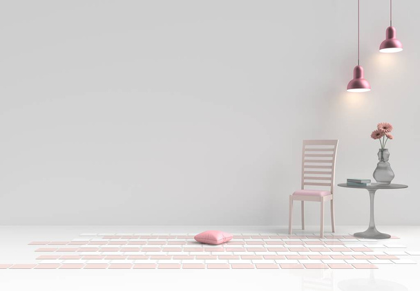 Chaise rose en décor de salon blanc avec fleur, oreillers, lampe rose, table en verre, mur blanc, sol carrelage. Chambres d'amour le jour de la Saint-Valentin. Contexte et intérieur. rendu 3D
. - Photo, image
