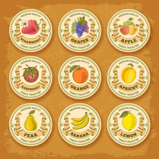 Gyümölcsök és bogyók évjárat címke gyűjtemény. Kör alakúra. Vektoros illusztráció. - Vektor, kép