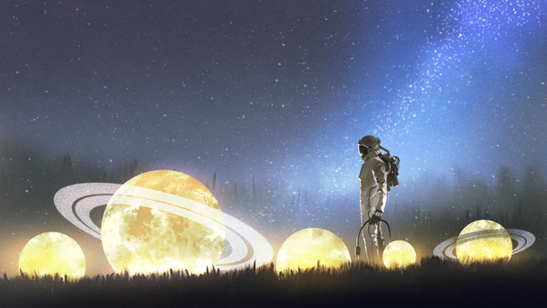 astronaut looking at stars on the grass, digital art style, illustration painting - Photo, Image