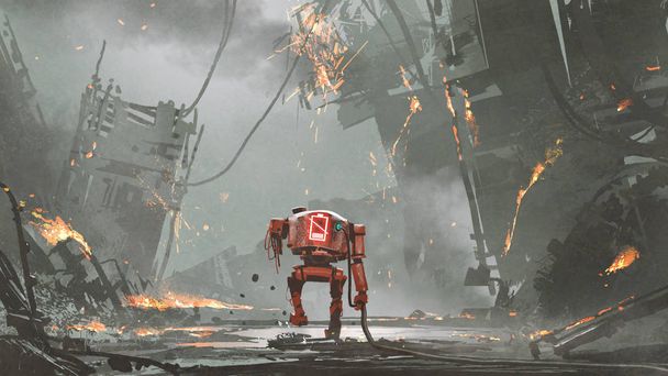 broken robot with low-battery walking in ruined city, digital art style, illustration painting - Photo, Image