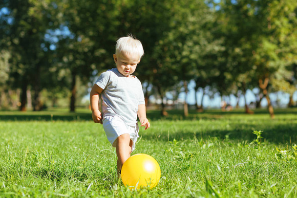 Concentrated small boy kicking a ball in the garden - Foto, imagen