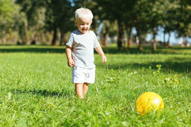 Smiling boy kicking a ball in the garden - Фото, зображення