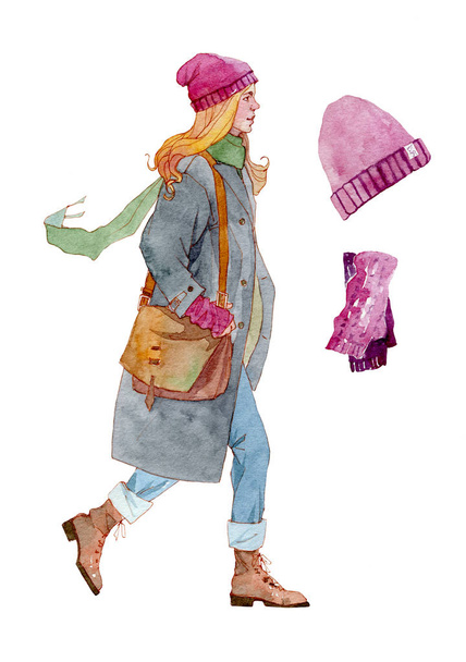 Hand drawn watercolor illustration set of a beautiful white young woman wearing autumn clothes, beanie and mittens. Isolated on white background. - Photo, Image