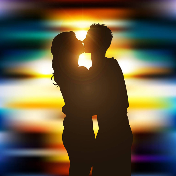 Silhouette of a kissing couple on beautiful city lights background - Вектор,изображение