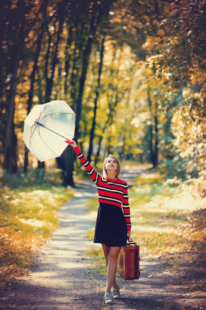 girl with umbrella and suitcase in autumn park - Фото, зображення