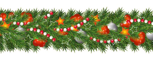 Weihnachten und frohes neues Jahr Girlande und Rand des Weihnachtsbaums Zweige mit Stechpalmen und silbernen Kugeln, Sternen und Perlen dekoriert. Urlaubsdekoration isoliert auf weißem Hintergrund. Vektorillustration. - Vektor, Bild