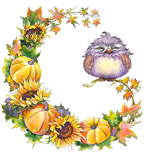 Autumn wreath with owl, pumpkins, sunflowers, leaves and branches. Watercolor on white background. - Zdjęcie, obraz