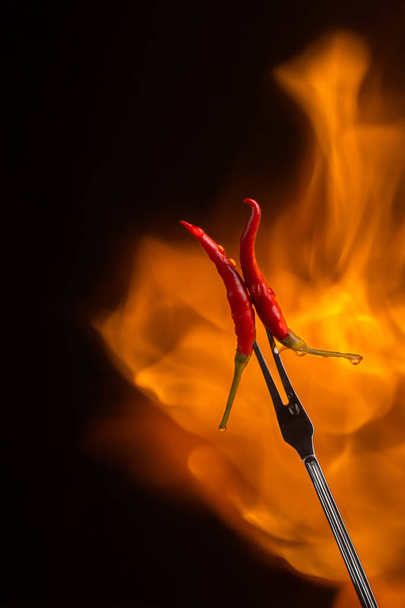 Két piros chili paprika villát a láng, a fekete háttér - Fotó, kép