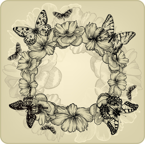 Vintage background with a wreath of roses and butterflies. Vecto - Vektor, Bild