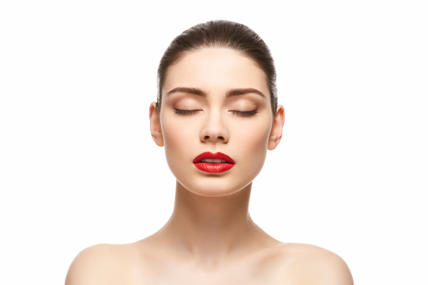 girl with red lipstick isolated on white - Foto, afbeelding