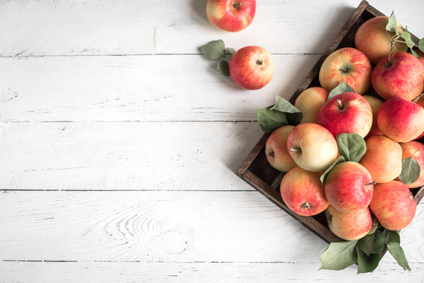 Red apples in wooden box. Organic red apples with leaves on white wooden background, copy space. - Foto, Imagem