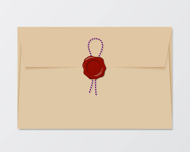 Illustratie van oude envelop met rode wax zegel en gekleurde tekenreeks, geïsoleerd op een witte achtergrond - vector - Vector, afbeelding