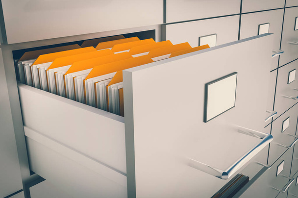 Cajón abierto del archivador con documentos en el interior - concepto de recolección de datos. Ilustración 3D renderizada. Estilo retro
. - Foto, Imagen