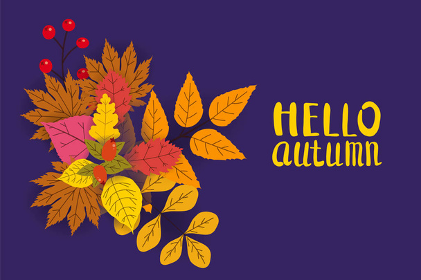 Hola otoño, fondo con hojas que caen, amarillo, naranja, marrón, caída, letras, plantilla para cartel, bandera, vector, aislado
 - Vector, imagen