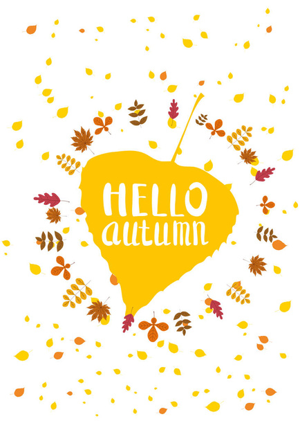 Hello autumn, lettering on an autumn leaf, fall, background landscape forest, tree trunks, template for banner, poster, vector, illustration, isolated - Vector, Image