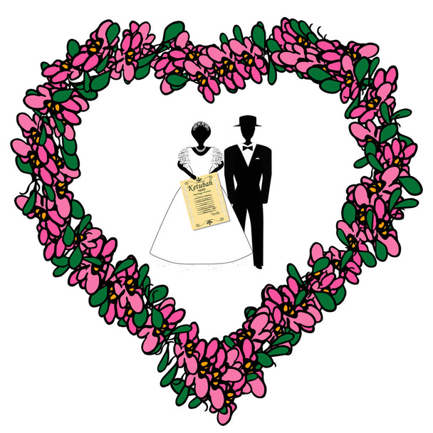 The bride and groom with their hands in the ketubah. Frame floral in the form of heart. Vector illustration on isolated background. - Vector, Image
