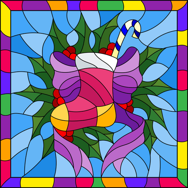 Εικονογράφηση στο λεκιασμένο γυαλί στυλ για την Πρωτοχρονιά και τα Χριστούγεννα, Κάλτσα με δώρα και γλυκά, κλάδους ελαιόπρινου και κορδέλες σε μπλε φόντο σε ένα φωτεινό πλαίσιο - Διάνυσμα, εικόνα